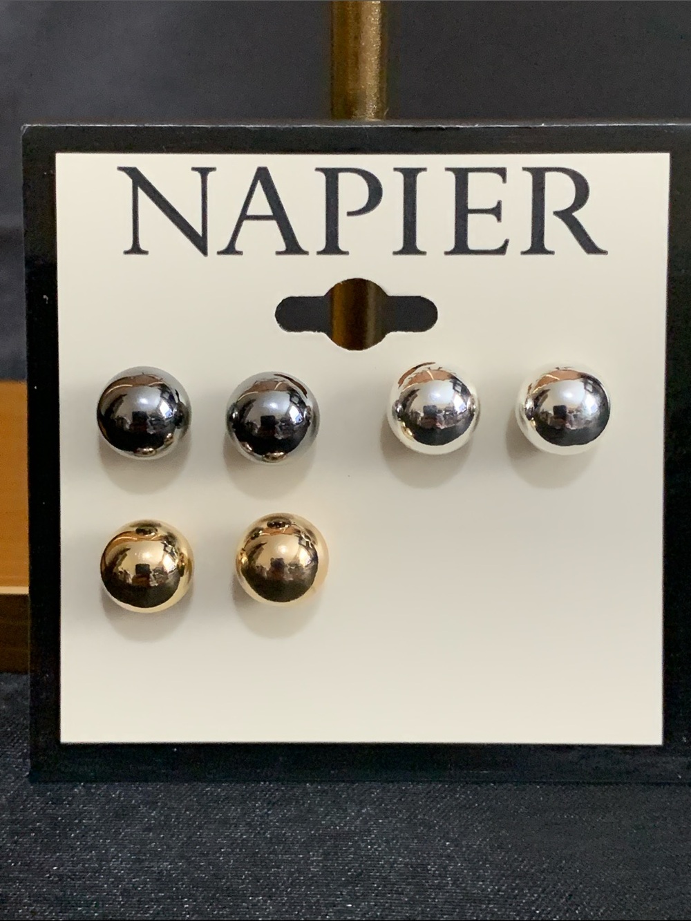NWT Napier 3 pair set of black, silver, and gold tone stud earrings